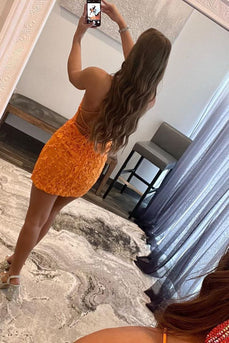 Orange Short Tight Party Dress with Lace Beading