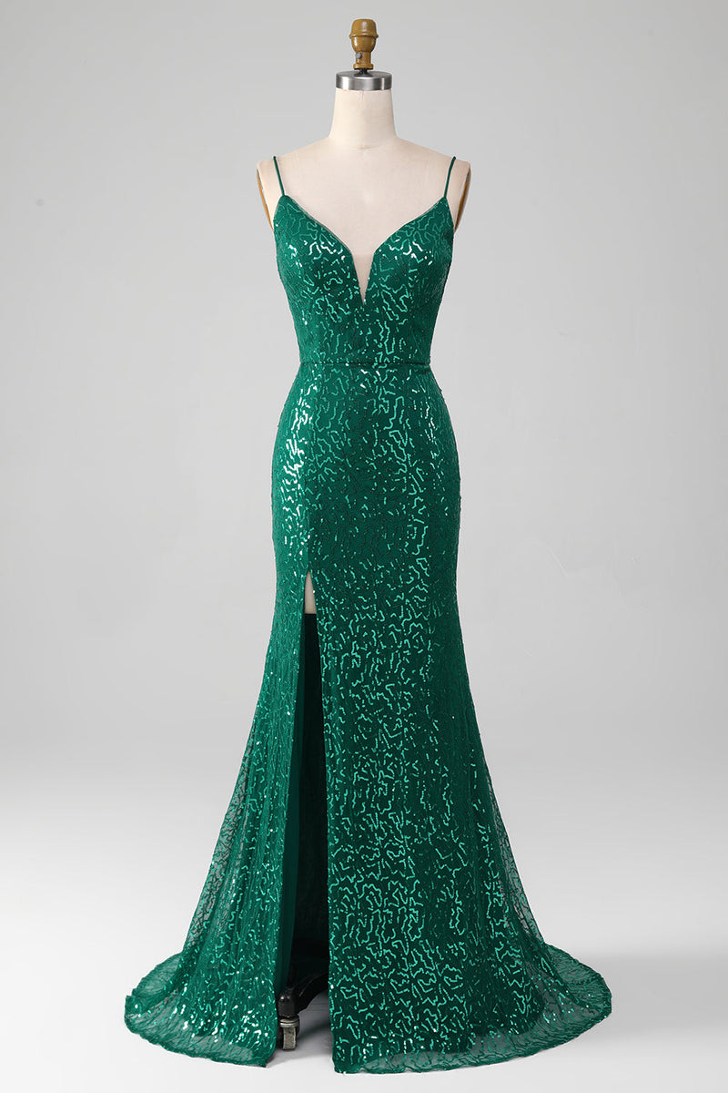 Load image into Gallery viewer, Sparkly Dark Green Beaded Sequins Long Prom Dress with Slit