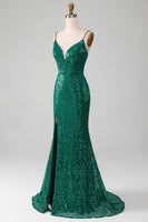 Load image into Gallery viewer, Sparkly Dark Green Beaded Sequins Long Prom Dress with Slit
