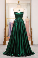 Load image into Gallery viewer, Sparkly Dark Green A Line Strapless Long Pleated Prom Dress