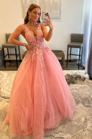 Load image into Gallery viewer, A Line V Neck Orange Prom Dress with Appliques