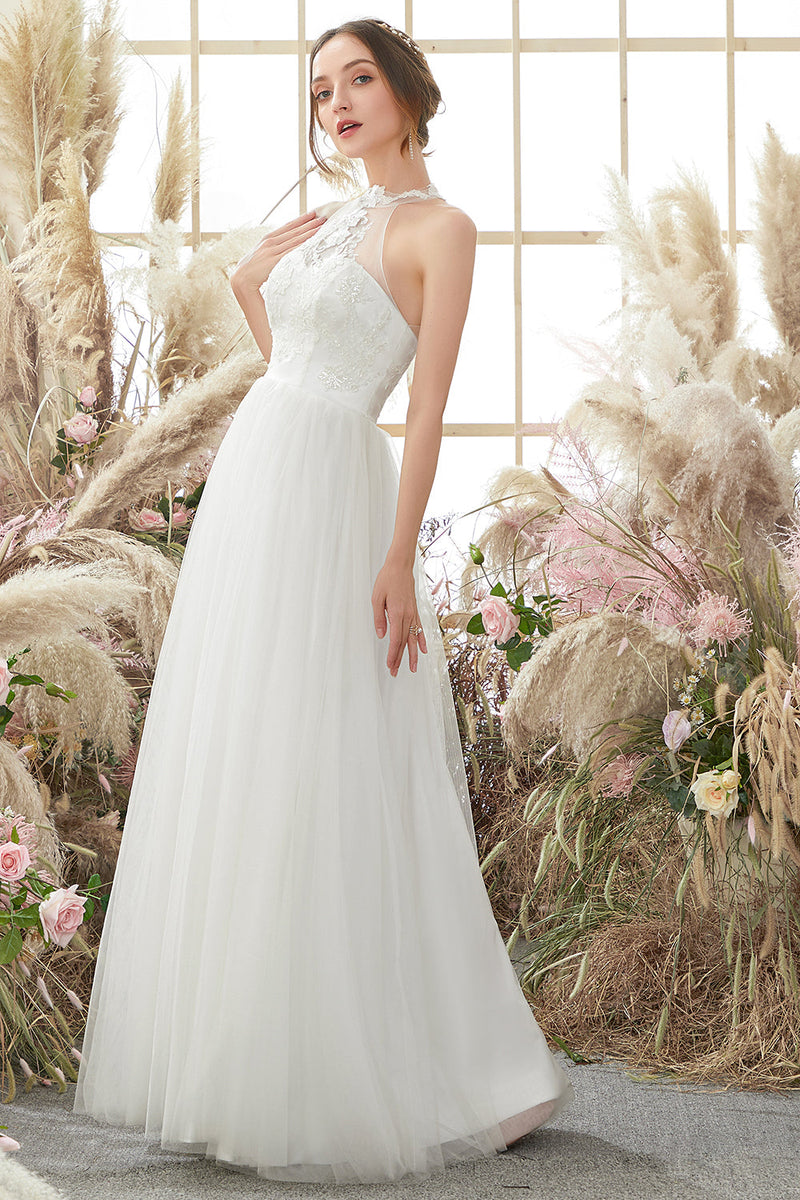 Load image into Gallery viewer, White Halter Neck Wedding Dress