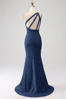 Load image into Gallery viewer, Sparkly Orange Mermaid One Shoulder Sequins Prom Dress with Slit