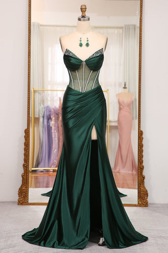 Dark Green Mermaid Satin Strapless Long Corset Prom Dress With Slit