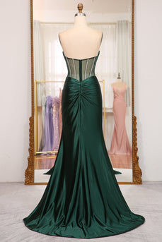 Dark Green Mermaid Satin Strapless Long Corset Prom Dress With Slit