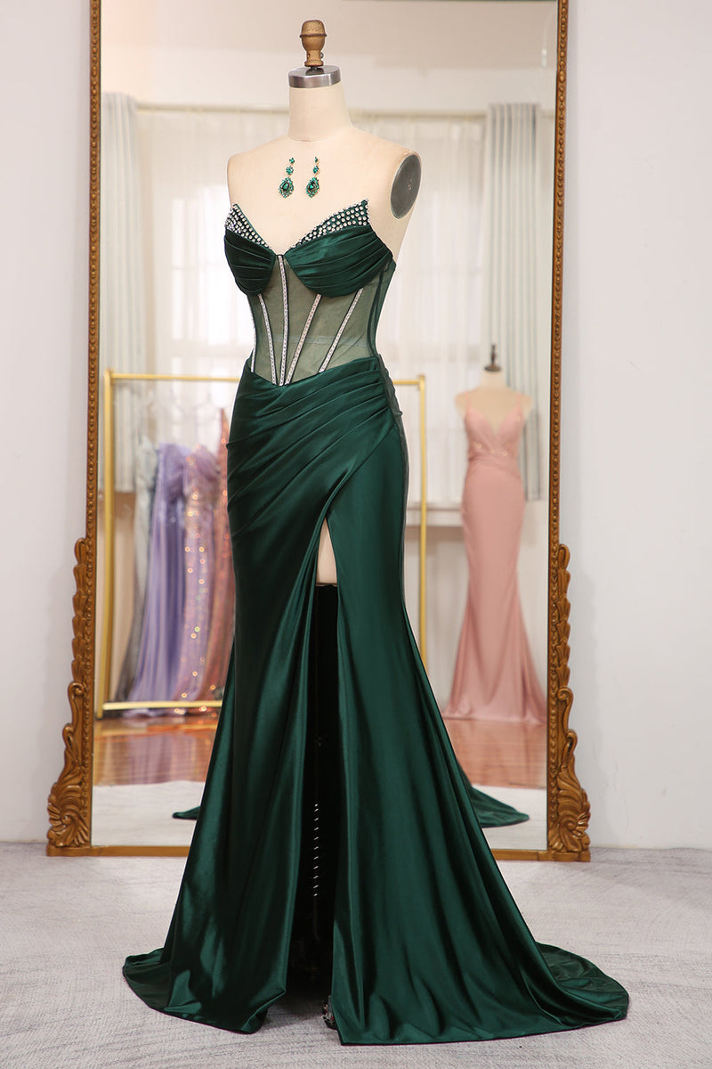 Queendancer Women Dark Green Long Corset Prom Dress Mermaid Satin