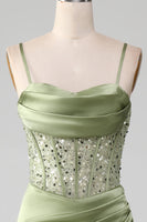 Load image into Gallery viewer, Mermaid Spaghetti Straps Sage Corset Prom Dress with Split Front