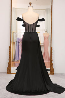 Black Mermaid Off the Shoulder Long Corset Prom Dress With Slit