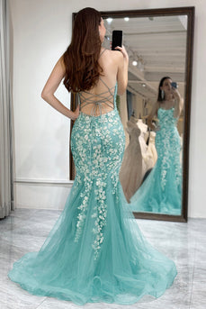 Light Green Mermaid Backless Maxi Corset Prom Dress With Appliques
