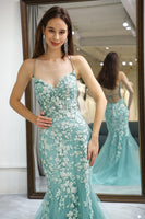 Load image into Gallery viewer, Light Green Mermaid Long Corset Prom Dress With Appliques