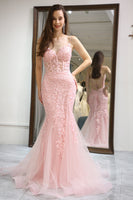Load image into Gallery viewer, Women Pink Tulle Long Prom Dress Mermaid Backless Corset Formal Dress With Appliques