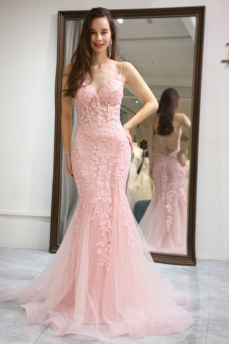 Queendancer Women Pink Long Prom Dress Mermaid Corset Formal Dress With  Appliques – queendanceruk