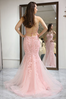 Pink Mermaid Long Corset Prom Dress With Appliques