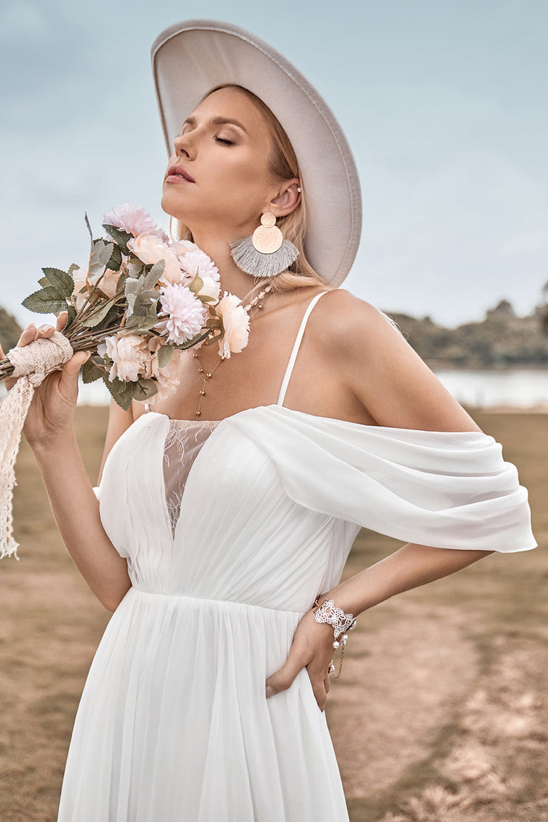 Queendancer Women Ivory Boho Chiffon Ruched Wedding Dress Spaghetti Straps Sweep Train Bridal Dress queendanceruk