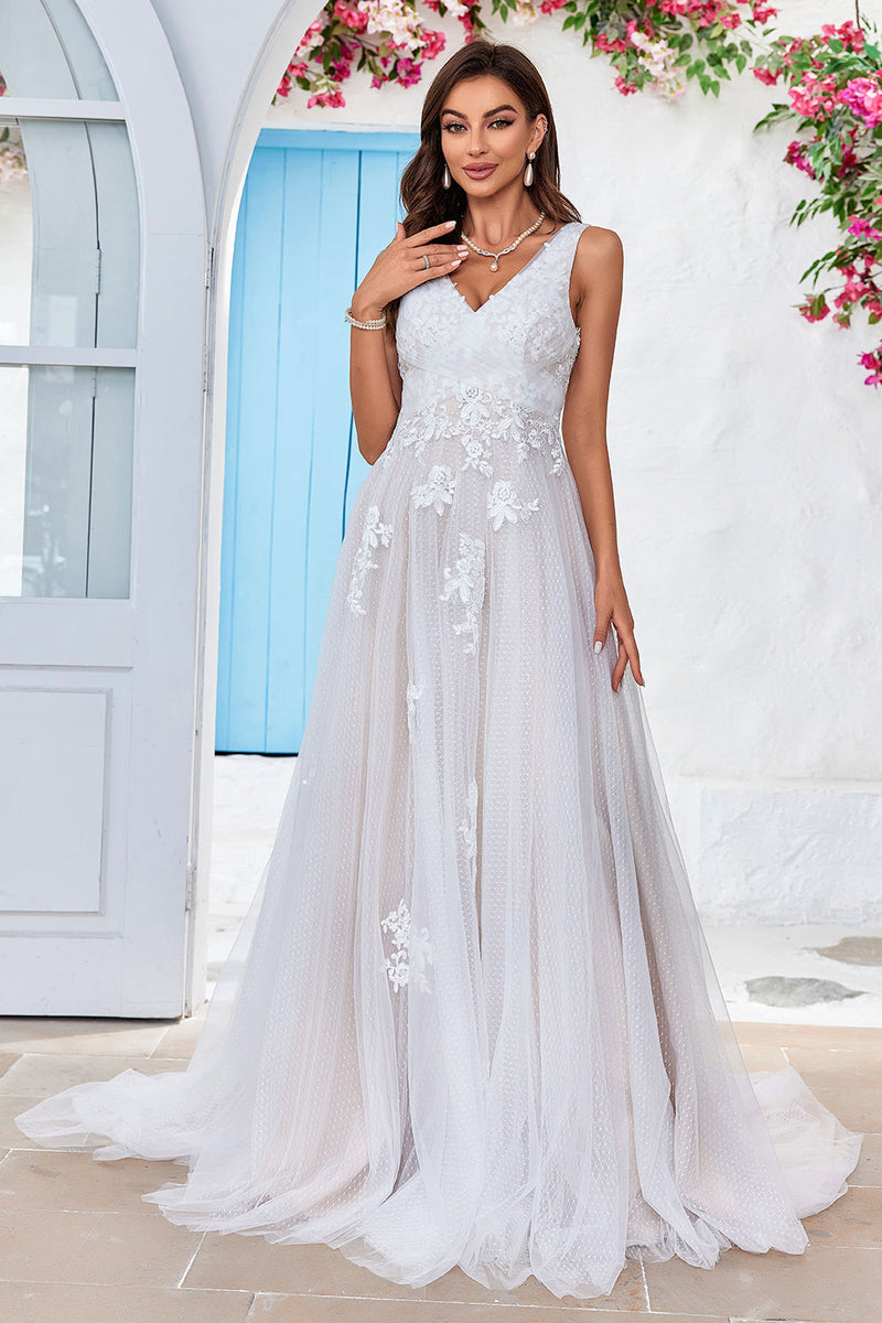 Queendancer Women Apricot Tulle Sweep Train Wedding Dress with
