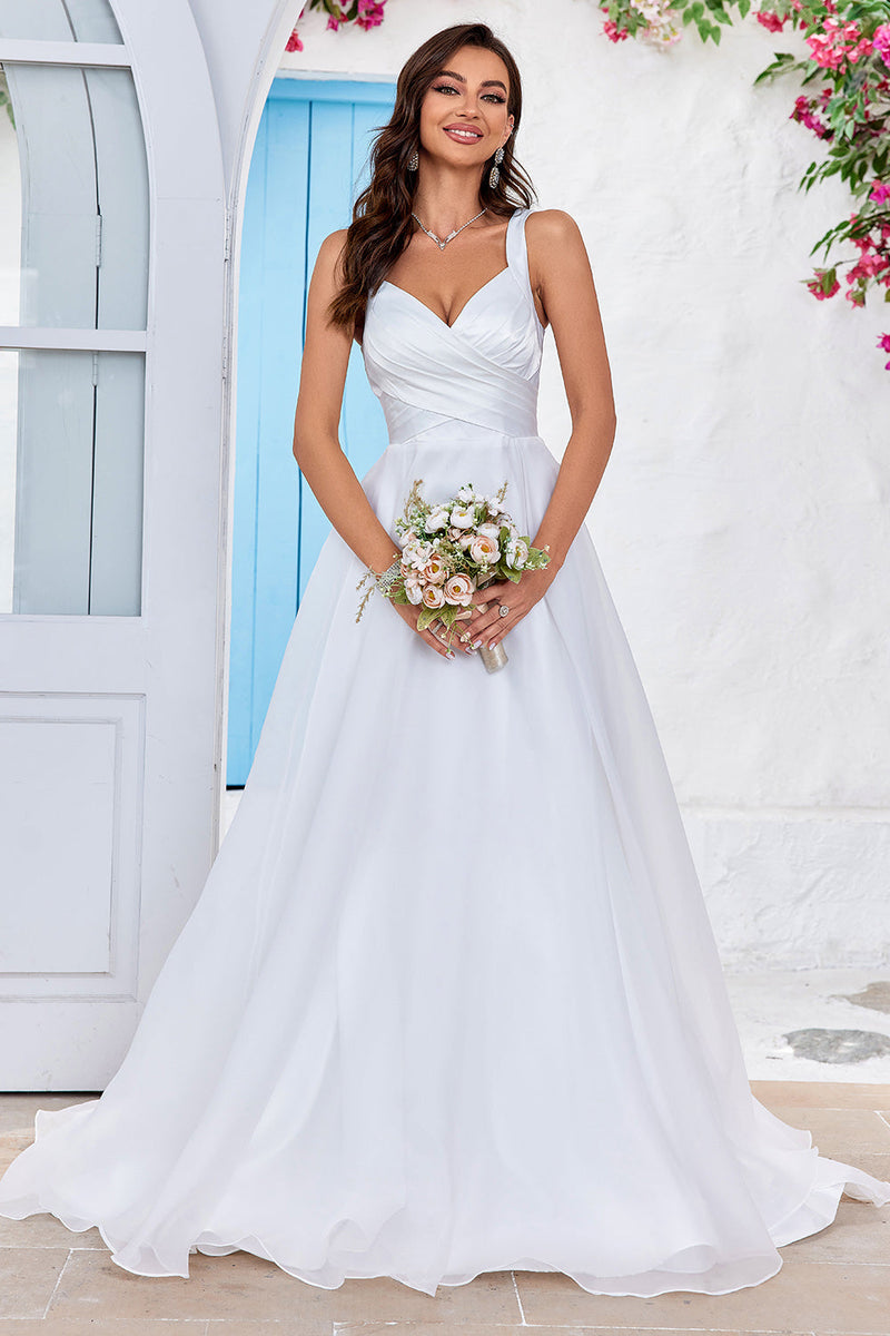 Queendancer Women Simple Ivory Organza Sweep Train Wedding Dress