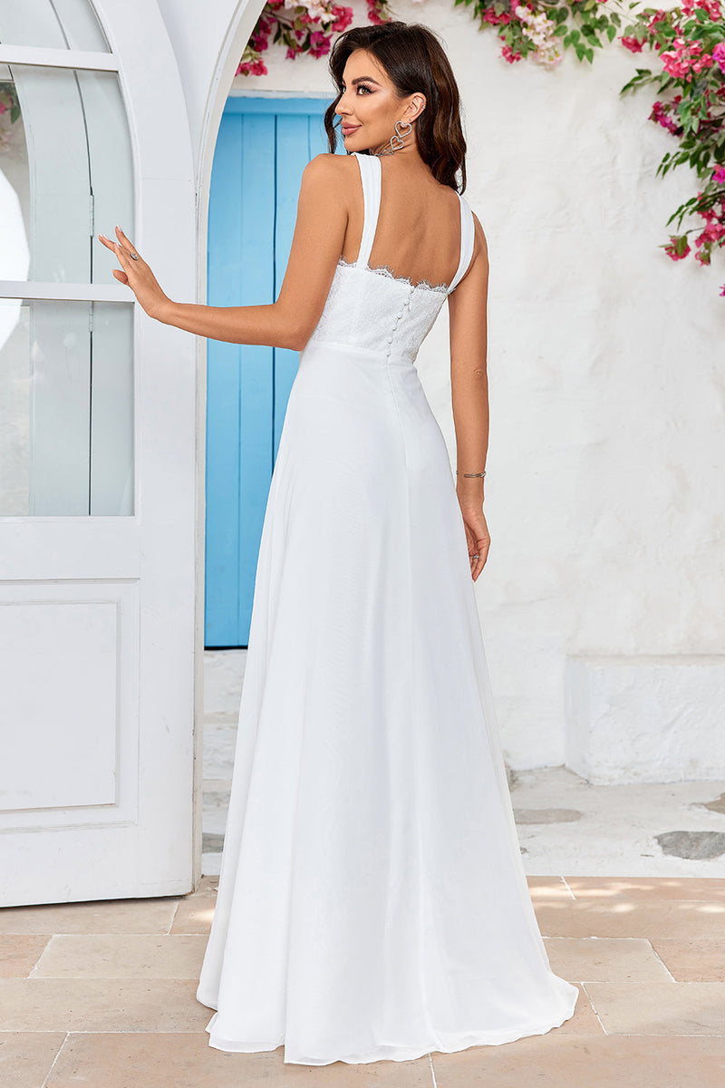 Ivory Boho Chiffon Asymmetrical Wedding Dress with Lace
