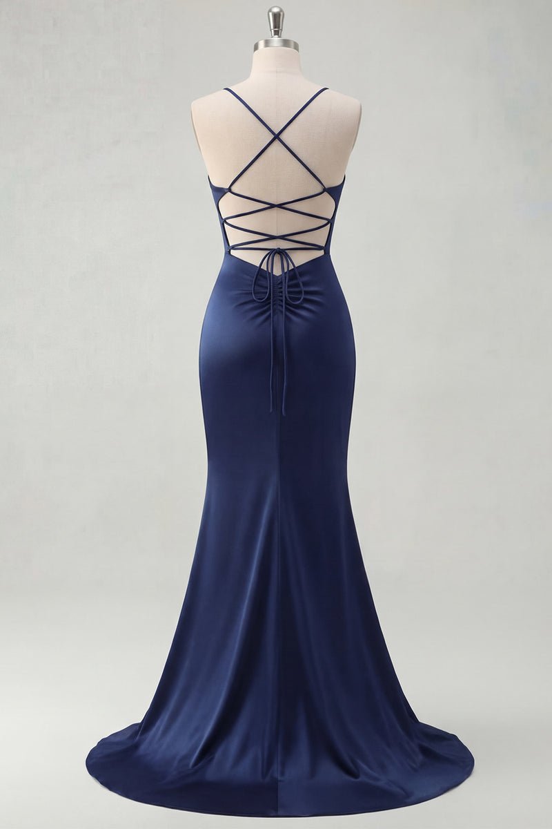 Load image into Gallery viewer, Elegant Navy Mermaid Satin Spaghetti Straps Long Prom Dress