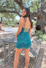 Load image into Gallery viewer, Sparkly Peacock Blue Beaded Lace-Up Back Tight Short Prom Dress with Fringes