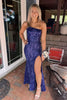 Load image into Gallery viewer, Navy Mermaid Long Sequined Prom Dress With Slit