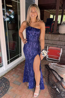 Load image into Gallery viewer, Navy Mermaid Long Sequined Prom Dress With Slit