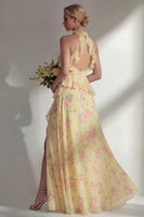 Load image into Gallery viewer, A Line Blue Pink Flower High Neck Ruffled Long Beach Wedding Guest Dress with Slit
