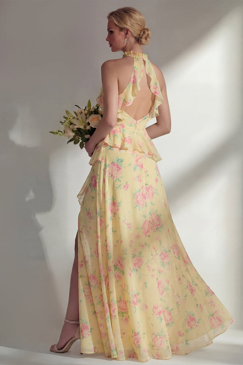 Load image into Gallery viewer, A Line Blue Pink Flower High Neck Ruffled Long Beach Wedding Guest Dress with Slit