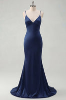 Load image into Gallery viewer, Elegant Navy Mermaid Satin Spaghetti Straps Long Prom Dress