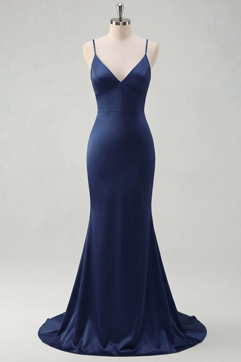 Queendancer Women Elegant Navy Mermaid Satin Long Prom Dress Spaghetti Straps Lace-Up Back Evening Dress queendanceruk Queendancer Women Elegant Navy Mermaid Satin Long Prom Dress Spaghetti Straps Lace-Up Back Evening Dress queendanceruk