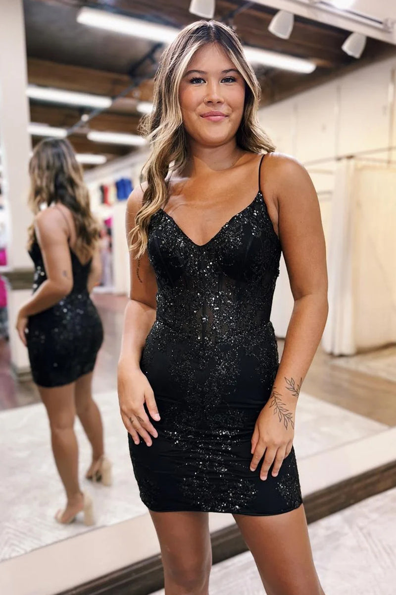Load image into Gallery viewer, Sparkly Emerald Green Spaghetti Straps Tight Short Prom Dress