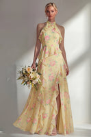 Load image into Gallery viewer, A Line Blue Pink Flower High Neck Ruffled Long Beach Wedding Guest Dress with Slit