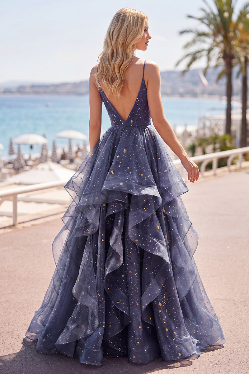 Load image into Gallery viewer, V-Neck Dusty Blue Long Glitter Ruched A Line Prom Dress with Ruffles