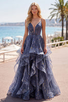 Load image into Gallery viewer, V-Neck Dusty Blue Long Glitter Ruched A Line Prom Dress with Ruffles