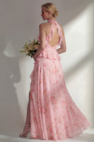 Load image into Gallery viewer, A Line Blue Pink Flower High Neck Ruffled Long Beach Wedding Guest Dress with Slit