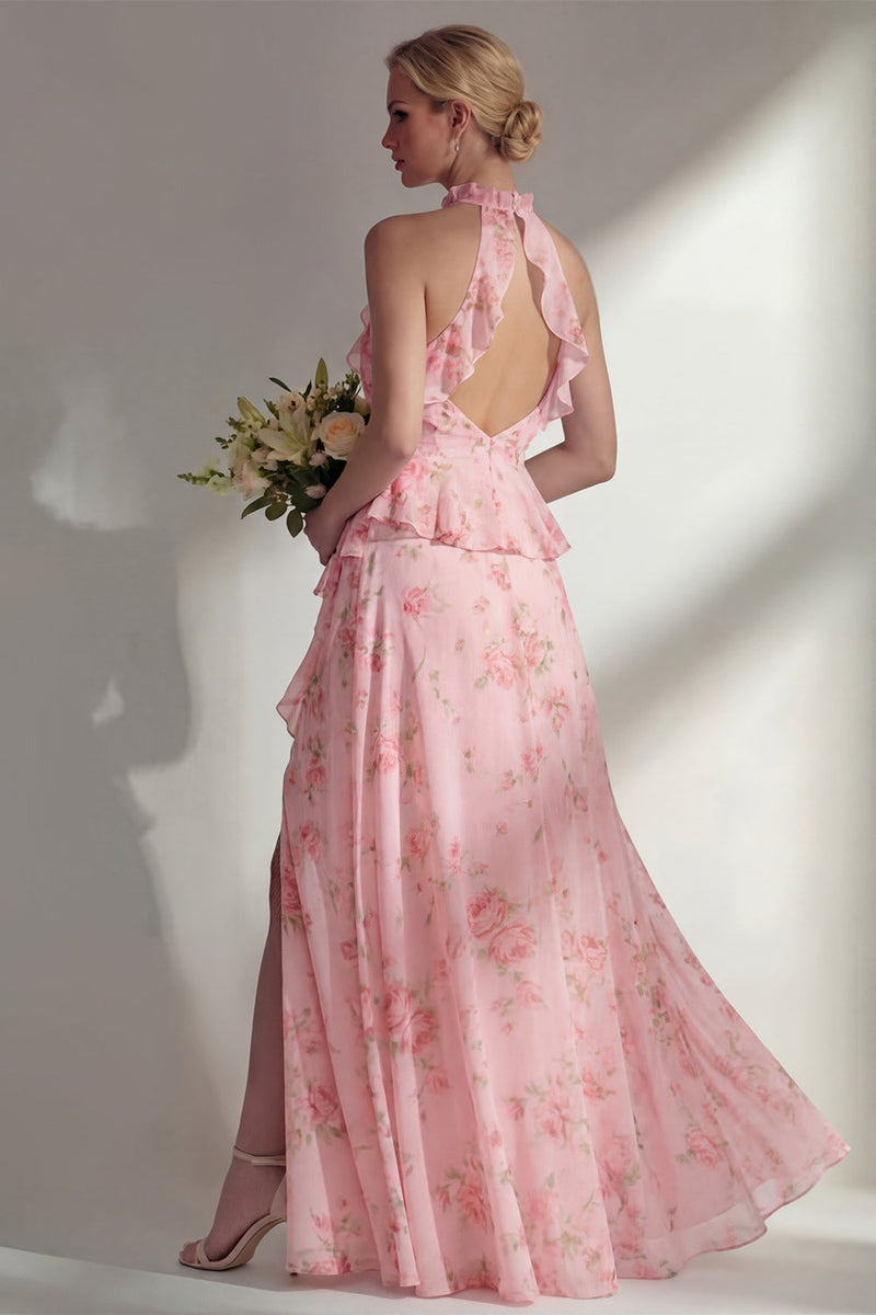 Load image into Gallery viewer, A Line Blue Pink Flower High Neck Ruffled Long Beach Wedding Guest Dress with Slit