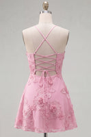 Load image into Gallery viewer, Floral Fuchsia A-Line Spaghetti Straps Short Cocktail Dress