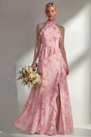 Load image into Gallery viewer, A Line Blue Pink Flower High Neck Ruffled Long Beach Wedding Guest Dress with Slit