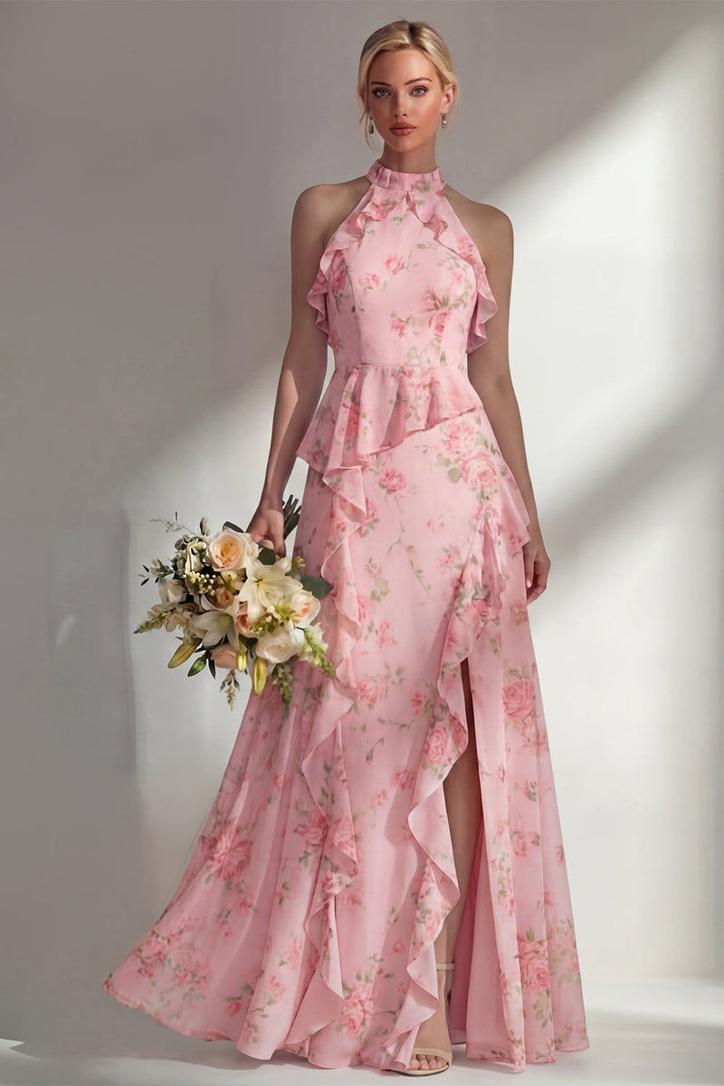 Load image into Gallery viewer, A Line Blue Pink Flower High Neck Ruffled Long Beach Wedding Guest Dress with Slit