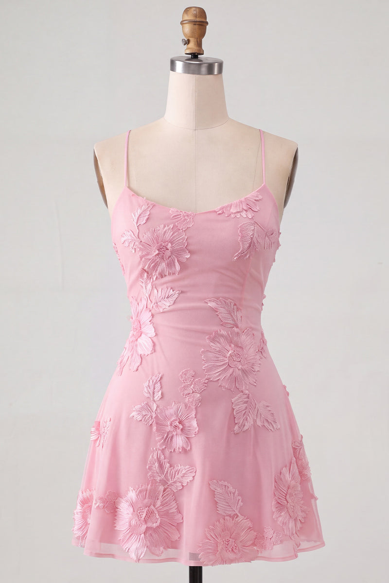 Load image into Gallery viewer, Floral Fuchsia A-Line Spaghetti Straps Short Cocktail Dress