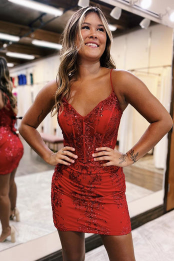 Sparkly Emerald Green Spaghetti Straps Tight Short Prom Dress
