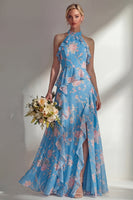 Load image into Gallery viewer, A Line Blue Pink Flower High Neck Ruffled Long Beach Wedding Guest Dress with Slit