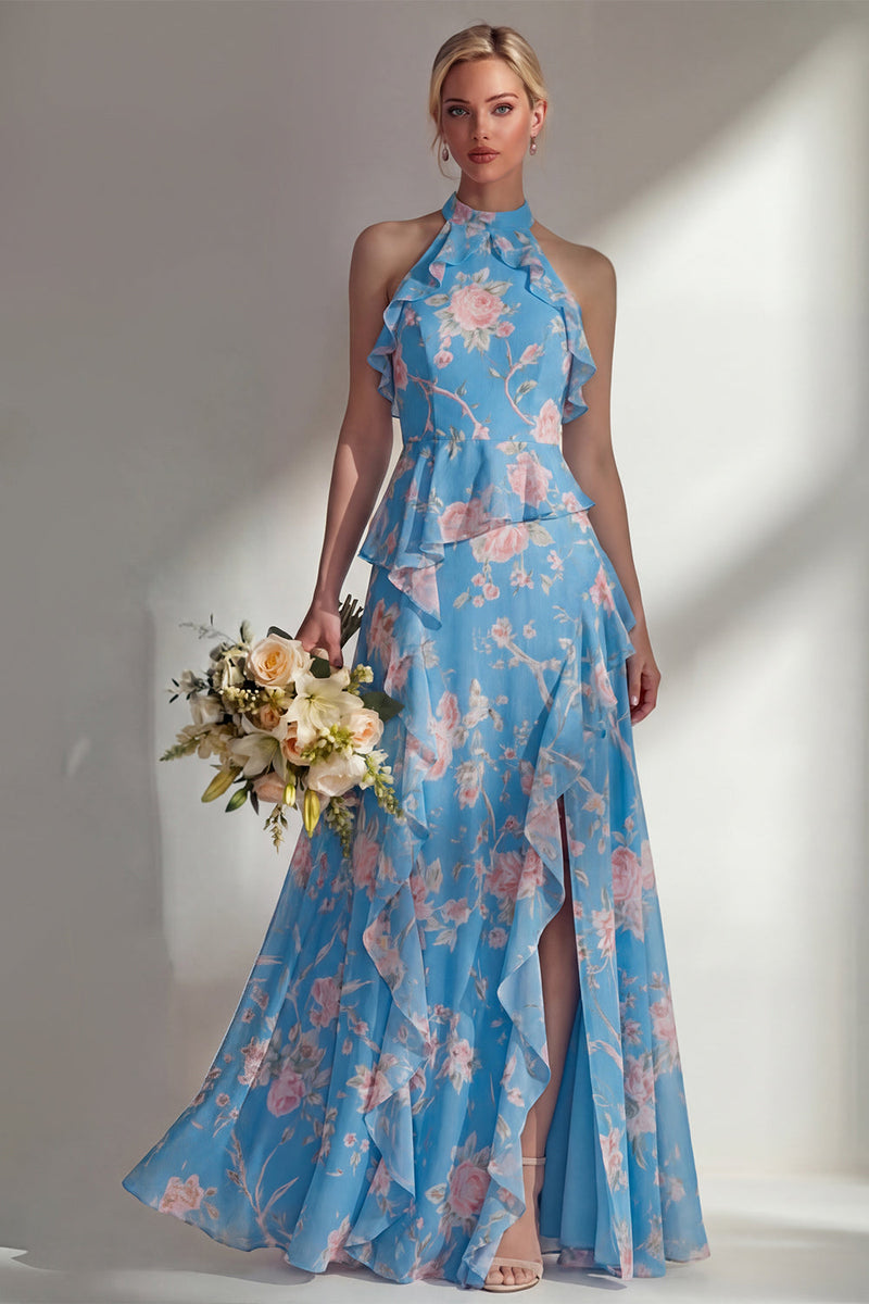 Load image into Gallery viewer, A Line Blue Pink Flower High Neck Ruffled Long Beach Wedding Guest Dress with Slit