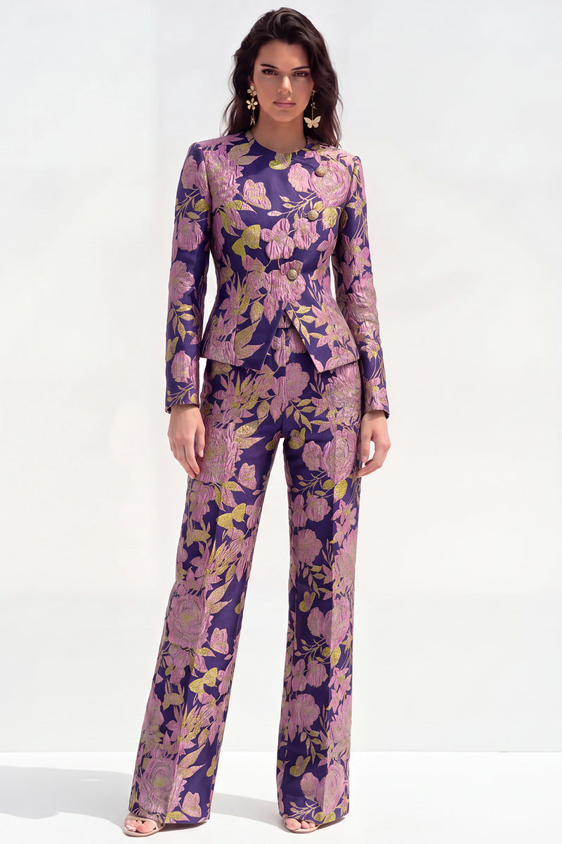 Load image into Gallery viewer, Yellow Flower 2 Piece Round Neck Single Breasted Business Suits with Pockets