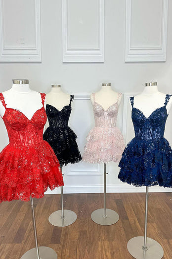 Sparkly Fuchsia Corset Tiered Lace A-Line Short Prom Dress