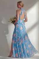 Load image into Gallery viewer, A Line Blue Pink Flower High Neck Ruffled Long Beach Wedding Guest Dress with Slit