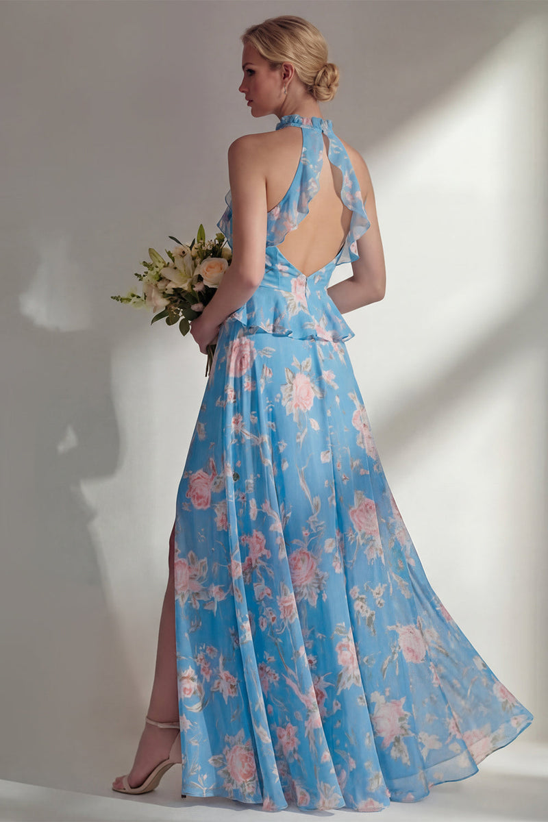 Load image into Gallery viewer, A Line Blue Pink Flower High Neck Ruffled Long Beach Wedding Guest Dress with Slit