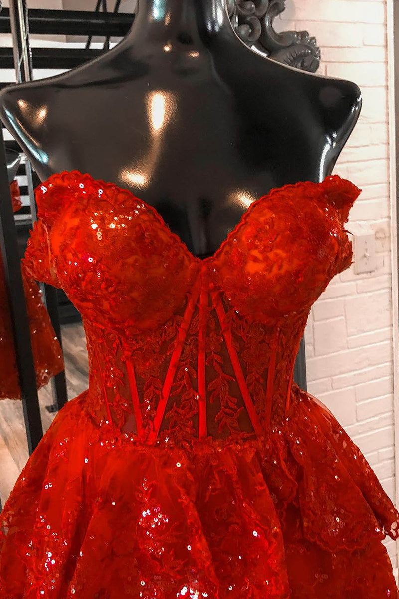 Load image into Gallery viewer, Sparkly Fuchsia Corset Tiered Lace A-Line Short Prom Dress