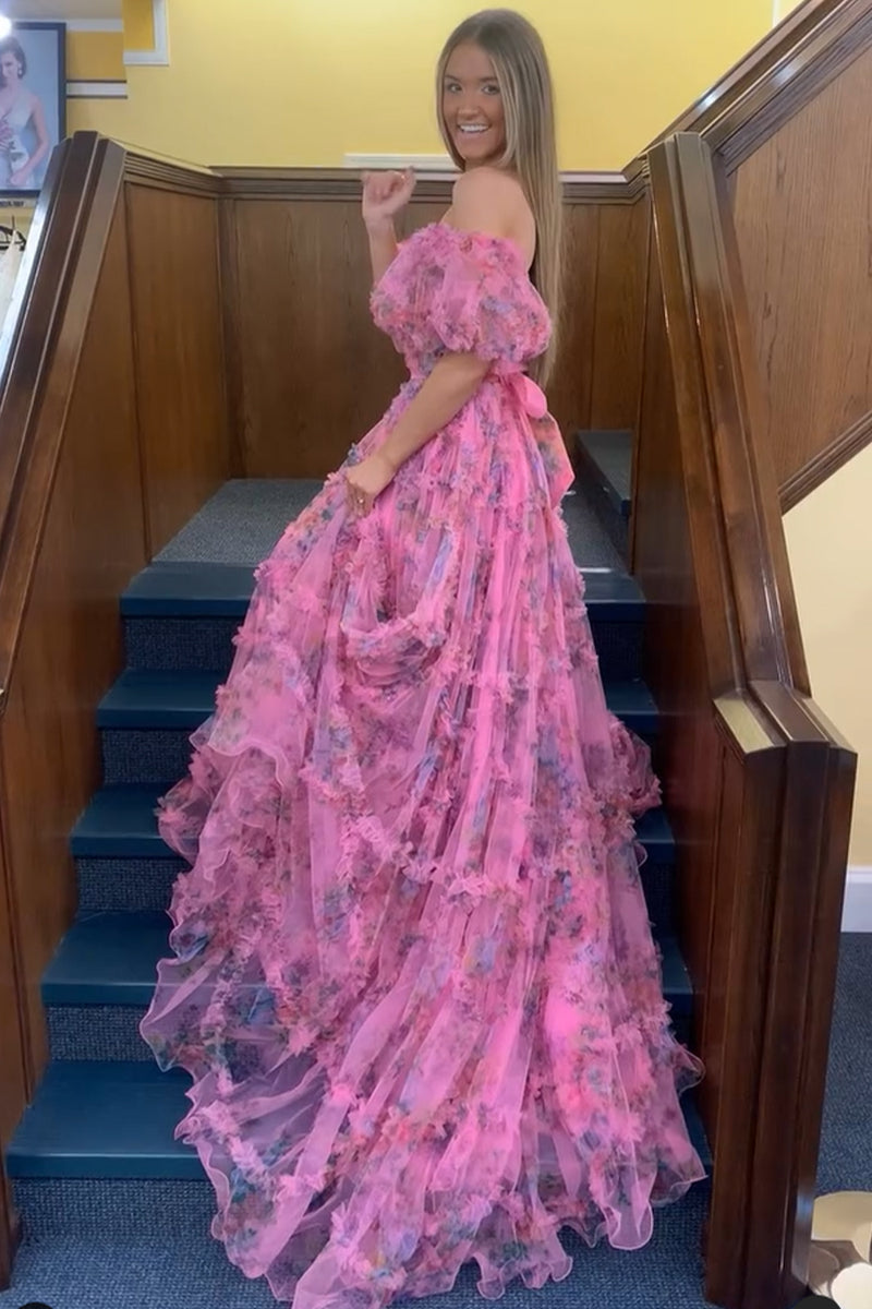 Load image into Gallery viewer, Pink Green Flower Off The Shoulder Prom Dress