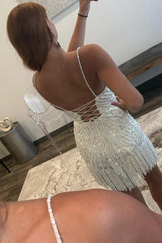 Sparkly White Beaded Tight Short Party Dress with Fringes