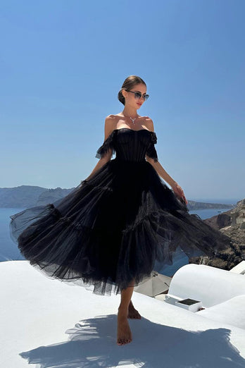 Women Black Short Prom Dress Tulle A-Line Sweetheart Semi Formal Dress